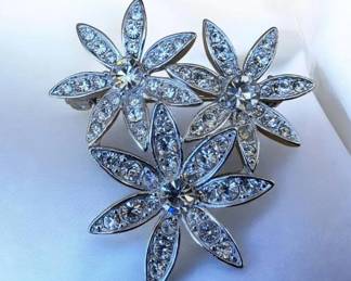 Vintage Signed Liz Claiborne Rhinestone Floral Brooch Circa 1980s 1990s