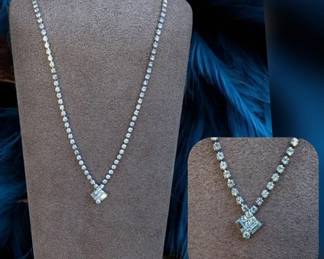 Vintage Rhinestone Tennis Necklace With Open V Chevron Style Pendant