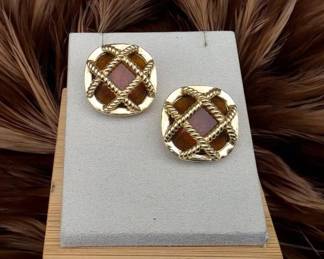 Made in Italy Vintage Gold Tone Brown Amber Cabochon Rope Detail Clip On Earrings