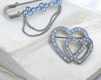 Vintage Rhinestone Brooch Lot 2pc Heart Brooch Safety Pin Chain Crystal Pins