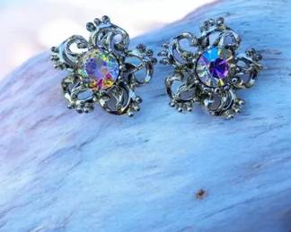 Vintage Aurora Borealis Crystal Rhinestone Floral Scroll ClipOn Earrings Silver Tone