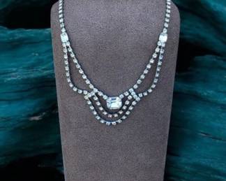 Vintage 3 Strand Layered Rhinestone Crystal Necklace With Large Center Crystal