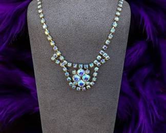 Vintage Aurora Borealis Dramatic BibStyle Necklace With Pendant Drop At Center