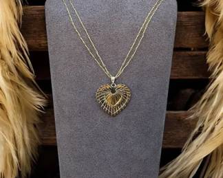 Vintage Monet Golden Bar Goldtone Chain MultiLayered Wire Heart Pendant Not Monet