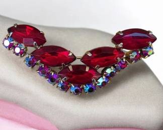 Vintage Red Rhinestone Aurora Borealis Crystal Brooch