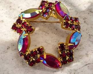 Vintage Aurora Borealis Rhinestone Brooch Pin Red Crystal Gold Tone