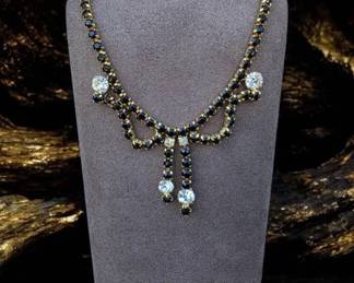 Vintage Black And Gold Cascading Bib Necklace With Large Fauceted Clear Stones