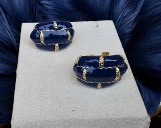 Vintage Blue Enamel With Gold Accents ClipOn Earrings