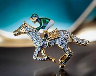 Vintage Equestrian Horse Jockey Brooch Pin Rhinestone Crystal Green Enamel