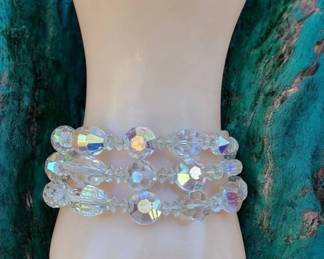 Vintage Vendome Aurora Borealis Crystal Bead 3 Strand Bracelet Clear AB 1950s 60s
