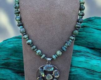 Sterling Silver Vintage Africian Turquoise Jasper Necklace With Abalone Pendant
