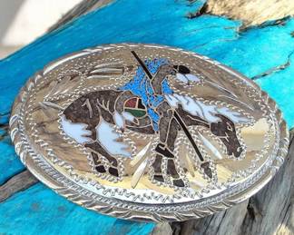 Vintage End Of The Trail Heavy Belt Buckle S.S.I. Made In USA Inlaid Turquoise