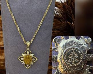 Vintage Vatican Library Collection Gold Tone Religious Medallion Rhinestone Pendant Necklace