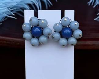 Vintage Blue Beaded Cluster ClipOn Earrings