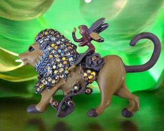 Vintage Lion And Fairy Pixie With Aurora Borealis Crystals Brooch