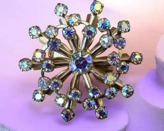 Vintage Aurora Borealis Rhinestone Sunburst Brooch Pin