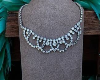 Vintage Rhinestone Cascading Crystal Bib Necklace