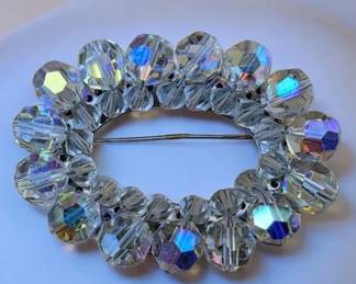 Vintage Iridescent Aurora Borealis Beaded Rhinestone Oval Brooch