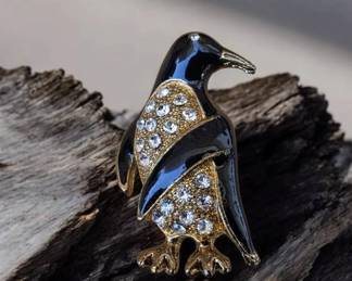 Vintage Black Enamel Penguin With Rhinestones