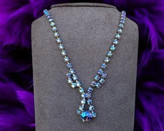 Vintage Ornate Aurora Borealis Necklace With Layered Center Crystal Pendant