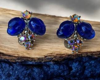 Vintage Blue Accent Aurora Rhinestone Statement ClipOn Earrings Silver Tone