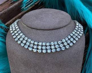 Vintage 3 Row Crystal Statement Choker Necklace