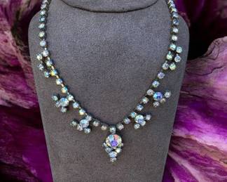 Vintage Aurora Borealis Rhinestone Crystal Statement Necklace AB Crystal Flashes