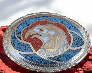 Vintage Bald Eagle Heavy Belt Buckle S.S.I. Made In USA Inlaid Turquoise Coral