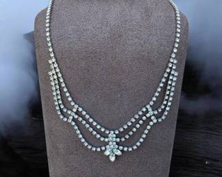 Vintage Clear Rhinestone Triple Strand Marquise Clustered Layered Necklace