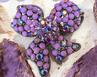 SUPER RARE Vintage Kirks Folly Pink Rhinestone Bow Brooch Pin Aurora Borealis Signed