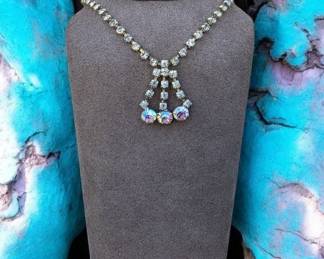 Vintage Aurora Borealis Triple Pendant Rhinestone Necklace
