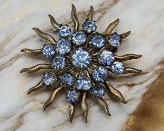 Vintage Rhinestone Gold Tone Sunburst Brooch Pin