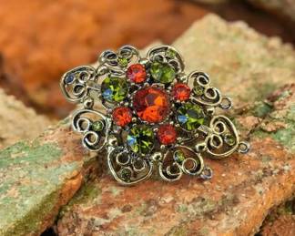 Vintage Green Orange Rhinestone Brooch Gold Tone Filigree Floral Statement Pin
