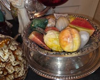 Alabaster carved fruit pieces, vintage Pewter bowl