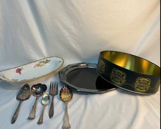 Silver plate kitchen ware and ceramic dish