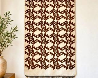 Vintage Wool Handwoven Wall Hanging Brown Cream Geometric Pattern 29x56 Inches Mid Century- Boho - Wall Art