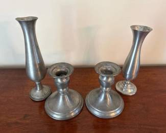 042 assortedpewtercandlesticksandvasesw