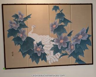Painted Asian folding screen, peacock and flowering branches - ships