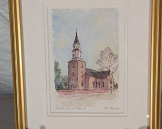 Framed architectural print, colonial church - ships