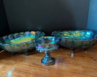 Iridescent Blue Carnival Glass Fruit Bowls Candy Dish