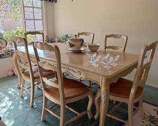 Ethan Allen French Provincial Dining Set with Rush Seat Chairs