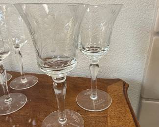 Vintage Etched Floral Crystal Wine Glasses