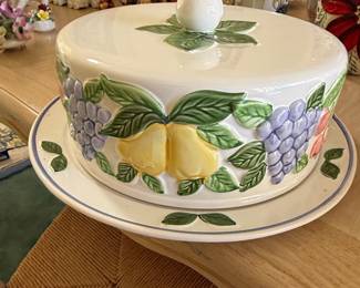 Portuguese Ceramic Fruit and Grape Motif Cake Dome and Plate