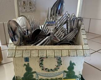 Decorative Wooden Utensil Caddy with Assorted Stainless Steel Flatware