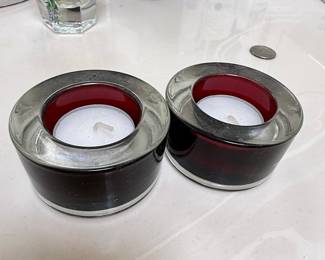 Set of 2 Red Glass Votive Candle Holders with Silver-Tone Rims