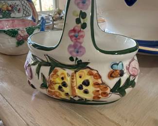 Vintage Hand-Painted Ceramic Butterfly and Floral Basket