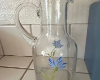 Vintage Hand-Painted Floral Glass Pitcher with Tumblers
