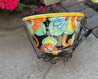 Talavera Ceramic Wall Planter with Wrought Iron Holder - Japanese Style