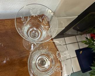 Vintage Etched Floral Crystal Wine Glasses
