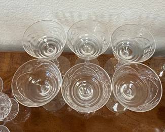 Vintage Rock Sharpe Etched Crystal Champagne Coupes with Faceted Stems